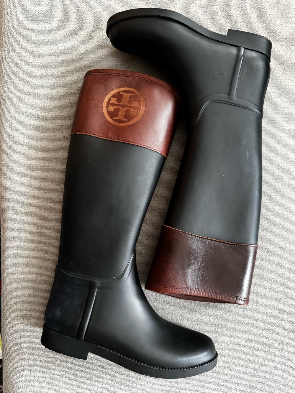 Tory Burch Black and Brown Tall Rubber Rain Boots